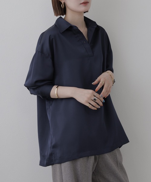 OMNES(オムネス)の「BEAUTIFUL FRIDAY スキッパーシャツ 長袖(シャツ/ブラウス・レディース・グレー/ネイビー・L/M)」の12枚目の写真