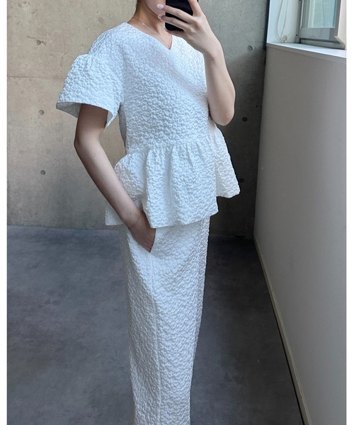 BIRTHDAY BASH（バースデイバッシュ）の「AMERIE JACQUARD PEPLUM TOPS(ジャガードペプラムトップス)（シャツ/ブラウス・レディース・ブラック/ホワイト・S/M）」の9枚目の写真