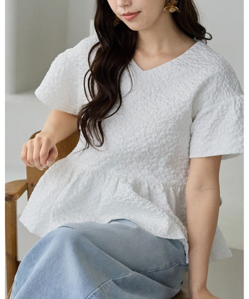 BIRTHDAY BASH（バースデイバッシュ）の「AMERIE JACQUARD PEPLUM TOPS(ジャガードペプラムトップス)（シャツ/ブラウス・レディース・ブラック/ホワイト・S/M）」の12枚目の写真