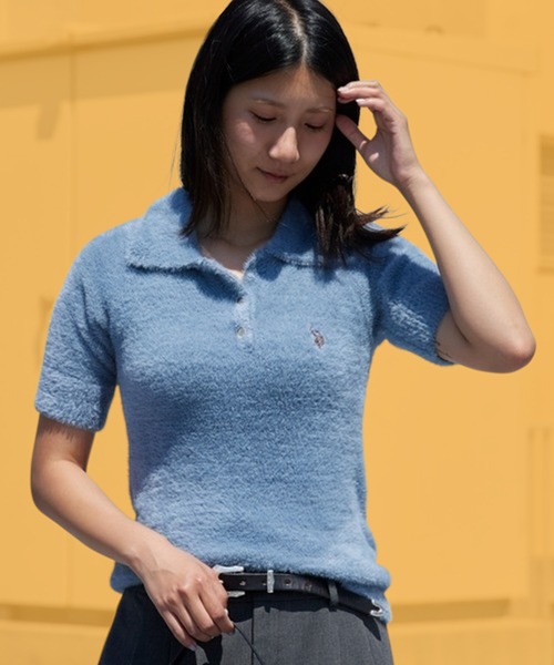 U.S. POLO ASSN.（ユーエスポロアッスン）の「U.S. POLO ASSN./ユーエスポロアッスン 半袖ニット カジュアル キレイめ 光沢ワンポイント刺繍 レディース 2026秋冬 秋服 冬服（ニット/セーター・レディース・アイボリー/ブラウン/サックスブルー/ピンク・M/L）」の3枚目の写真