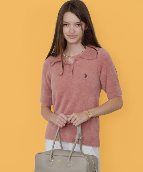 U.S. POLO ASSN.（ユーエスポロアッスン）の「U.S. POLO ASSN./ユーエスポロアッスン 半袖ニット カジュアル キレイめ 光沢ワンポイント刺繍 レディース 2026秋冬 秋服 冬服（ニット/セーター・レディース・アイボリー/ブラウン/サックスブルー/ピンク・M/L）」の4枚目の写真