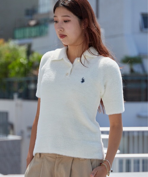 U.S. POLO ASSN.（ユーエスポロアッスン）の「U.S. POLO ASSN./ユーエスポロアッスン 半袖ニット カジュアル キレイめ 光沢ワンポイント刺繍 レディース 2026秋冬 秋服 冬服（ニット/セーター・レディース・アイボリー/ブラウン/サックスブルー/ピンク・M/L）」の20枚目の写真
