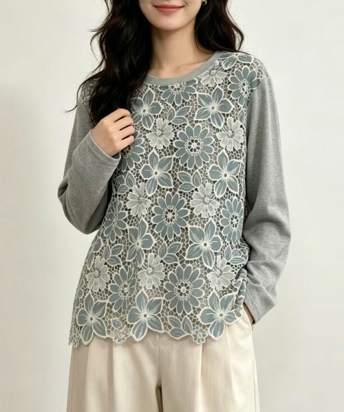 AMELY（エミリー）の「フラワーレースドッキングトップス/花柄レース切替（Tシャツ/カットソー・レディース・ホワイト/ブラック/グレー・フリー）」の3枚目の写真