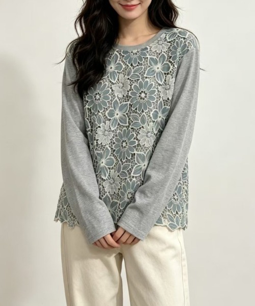 AMELY（エミリー）の「フラワーレースドッキングトップス/花柄レース切替（Tシャツ/カットソー・レディース・ホワイト/ブラック/グレー・フリー）」の6枚目の写真