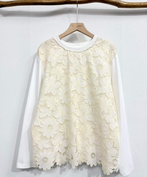 AMELY（エミリー）の「フラワーレースドッキングトップス/花柄レース切替（Tシャツ/カットソー・レディース・ホワイト/ブラック/グレー・フリー）」の7枚目の写真