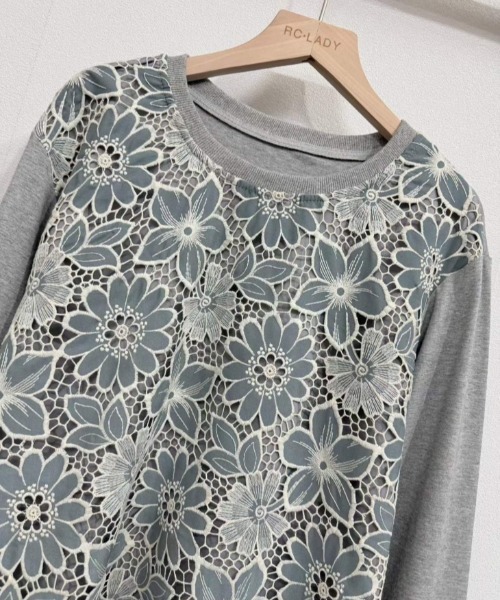 AMELY（エミリー）の「フラワーレースドッキングトップス/花柄レース切替（Tシャツ/カットソー・レディース・ホワイト/ブラック/グレー・フリー）」の8枚目の写真