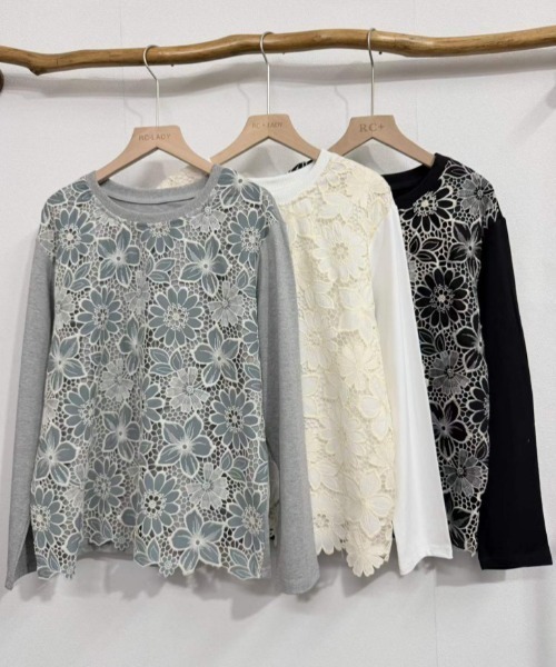 AMELY（エミリー）の「フラワーレースドッキングトップス/花柄レース切替（Tシャツ/カットソー・レディース・ホワイト/ブラック/グレー・フリー）」の9枚目の写真