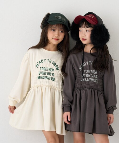 KIDS】ミニ裏毛シャーリングかすれロゴミニワンピチュニック
