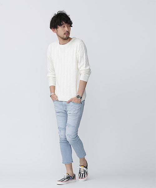 NANO universe（ナノユニバース）の「コットンケーブルクルーネックニット（ニット/セーター・メンズ・ブラック/グレー/インディゴブルー/ホワイト/ベージュ/ネイビー・MEDIUM/LARGE/SMALL/X-LARGE）」の9枚目の写真