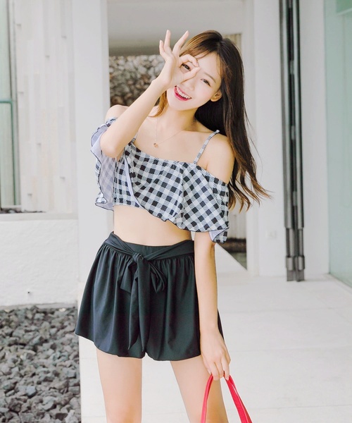 レディース 水着 オフショルトップス アイテム勢ぞろい 4点セット ギンガムチェックビキニ水着インナーショーツ付