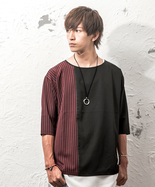 MinoriTY(マイノリティ)の「ストライプドロップショルダー6分袖プルオーバー(シャツ/ブラウス・メンズ・ネイビー/ワイン/グレー系その他/ブラック系その他・M/L)」の1枚目の写真
