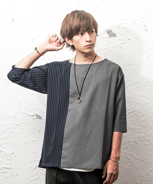 MinoriTY(マイノリティ)の「ストライプドロップショルダー6分袖プルオーバー(シャツ/ブラウス・メンズ・ネイビー/ワイン/グレー系その他/ブラック系その他・M/L)」の2枚目の写真