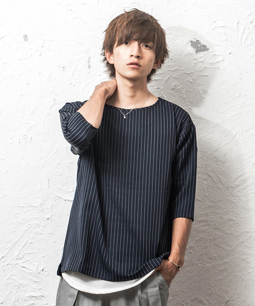 MinoriTY(マイノリティ)の「ストライプドロップショルダー6分袖プルオーバー(シャツ/ブラウス・メンズ・ネイビー/ワイン/グレー系その他/ブラック系その他・M/L)」の3枚目の写真