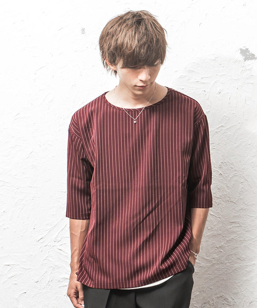 MinoriTY(マイノリティ)の「ストライプドロップショルダー6分袖プルオーバー(シャツ/ブラウス・メンズ・ネイビー/ワイン/グレー系その他/ブラック系その他・M/L)」の4枚目の写真