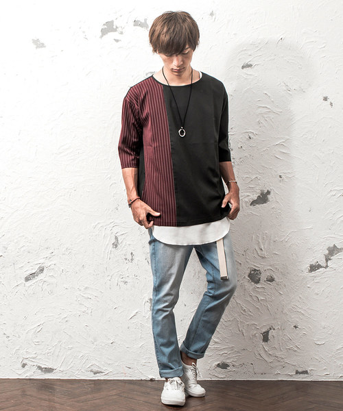 MinoriTY(マイノリティ)の「ストライプドロップショルダー6分袖プルオーバー(シャツ/ブラウス・メンズ・ネイビー/ワイン/グレー系その他/ブラック系その他・M/L)」の5枚目の写真
