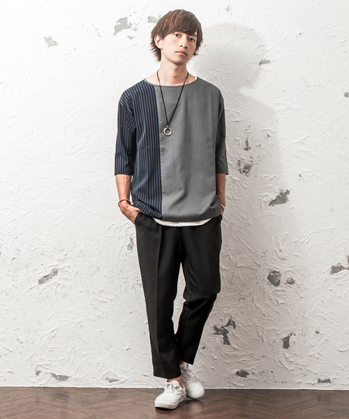 MinoriTY(マイノリティ)の「ストライプドロップショルダー6分袖プルオーバー(シャツ/ブラウス・メンズ・ネイビー/ワイン/グレー系その他/ブラック系その他・M/L)」の6枚目の写真