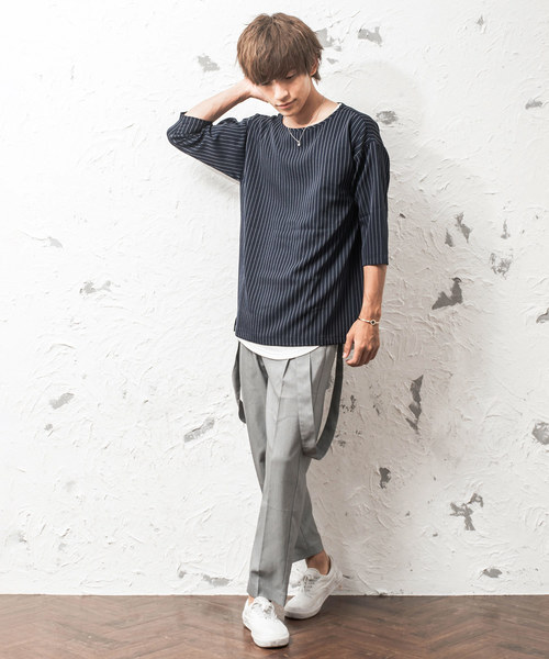 MinoriTY(マイノリティ)の「ストライプドロップショルダー6分袖プルオーバー(シャツ/ブラウス・メンズ・ネイビー/ワイン/グレー系その他/ブラック系その他・M/L)」の7枚目の写真