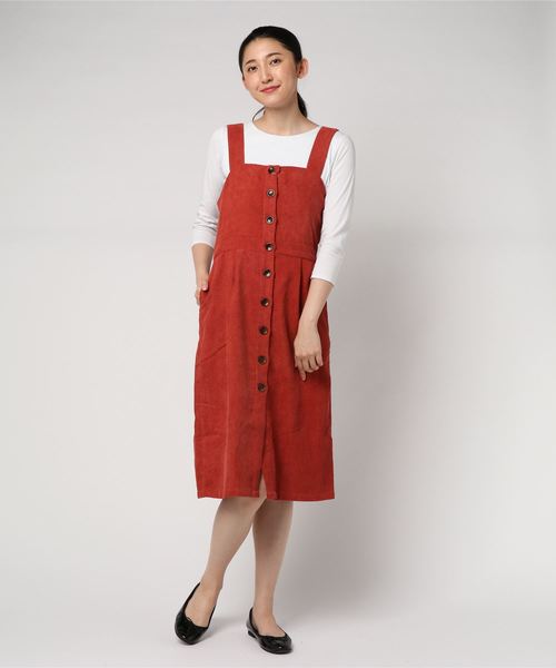 STYLEBLOCK（スタイルブロック）の「ジャガードコーデュロイビスチェジャンパースカート（ジャンパースカート・レディース・ブラック/オレンジ/キャメル/アッシュグレー・M）」の4枚目の写真