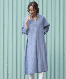 rps | ノーカラースキッパーストライプシャツワンピース(シャツワンピース)