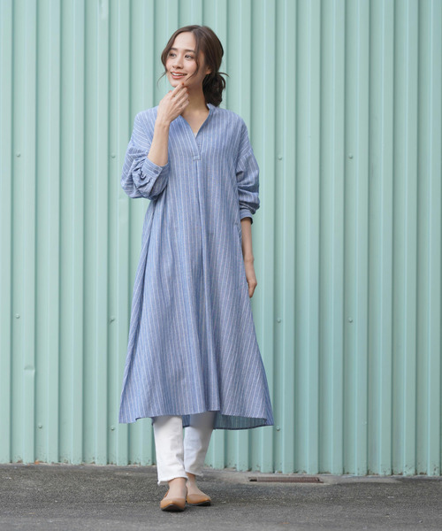 rps（アールピーエス）の「ノーカラースキッパーストライプシャツワンピース（シャツワンピース・レディース・ネイビー/ブルー・M）」の7枚目の写真