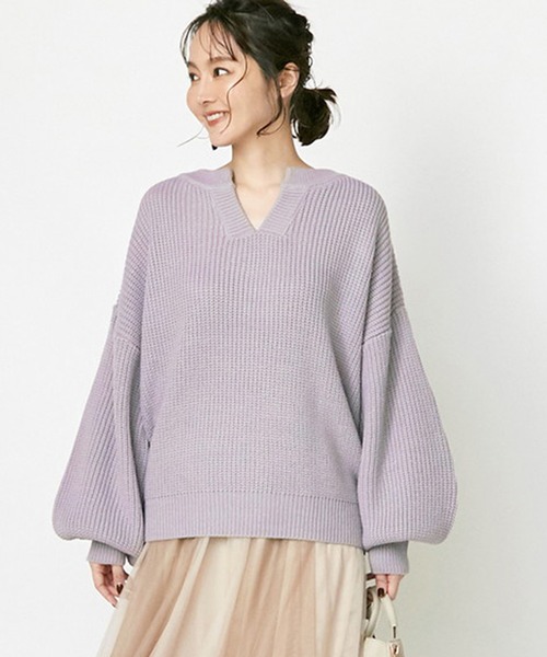 STYLEBLOCK（スタイルブロック）の「片畦編みキーネックビッグシルエットボリュームスリーブニット（ニット/セーター・レディース・ブラック/ベージュ/アイボリー/グリーン系その他/パープル系その他・M）」の5枚目の写真