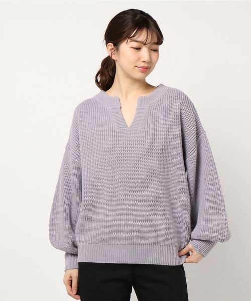 STYLEBLOCK（スタイルブロック）の「片畦編みキーネックビッグシルエットボリュームスリーブニット（ニット/セーター・レディース・ブラック/ベージュ/アイボリー/グリーン系その他/パープル系その他・M）」の8枚目の写真