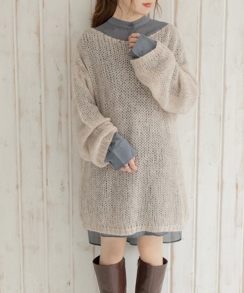 Mysa&Liina（ミーサリーナ）の「モヘアタッチ透かしニット×長袖TシャツSET（ニット/セーター・レディース・ブルー/ブラック/イエロー/ベージュ・M）」の9枚目の写真