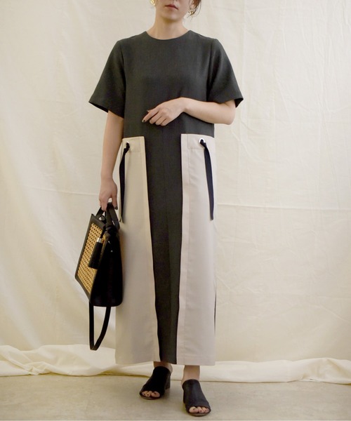 LHELBIE（レルビエ）の「バイカラーストリングスワンピース（ワンピース・レディース・ブラック/ベージュ/ダークグレー・M）」の5枚目の写真