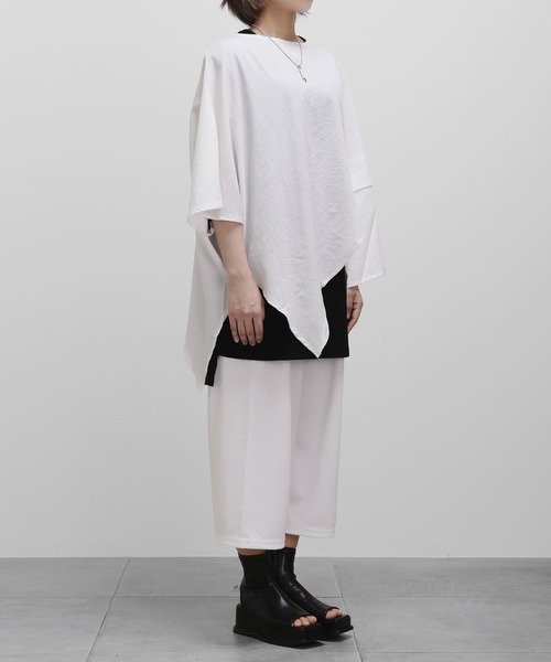 minsobi（ミンソビ）の「ポンチョ風カットソー ビッグシルエットレイヤードT　半袖　ユニセックス（Tシャツ/カットソー・メンズ・ホワイト/ブラック・FREE）」の14枚目の写真