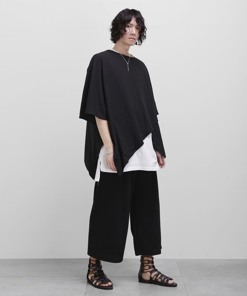 minsobi（ミンソビ）の「ポンチョ風カットソー ビッグシルエットレイヤードT　半袖　ユニセックス（Tシャツ/カットソー・メンズ・ホワイト/ブラック・FREE）」の19枚目の写真