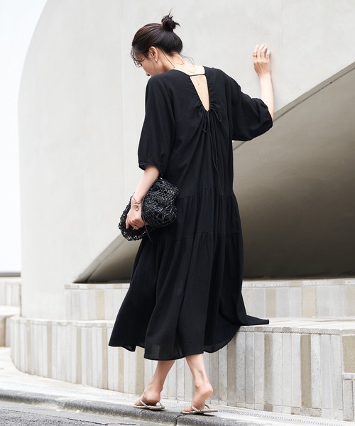 RIVE DROITE（リヴドロワ）の「バックシャンティアードワンピース（ワンピース・レディース・ピンク/ブラック・FREE）」の8枚目の写真