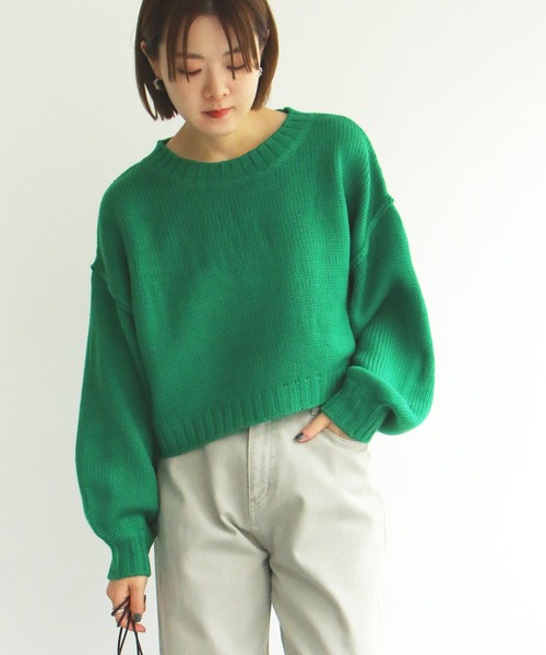 notch.(ノッチ)の「カラーショートニット(ニット/セーター・レディース・グリーン/ブラック/オレンジ・M)」の1枚目の写真