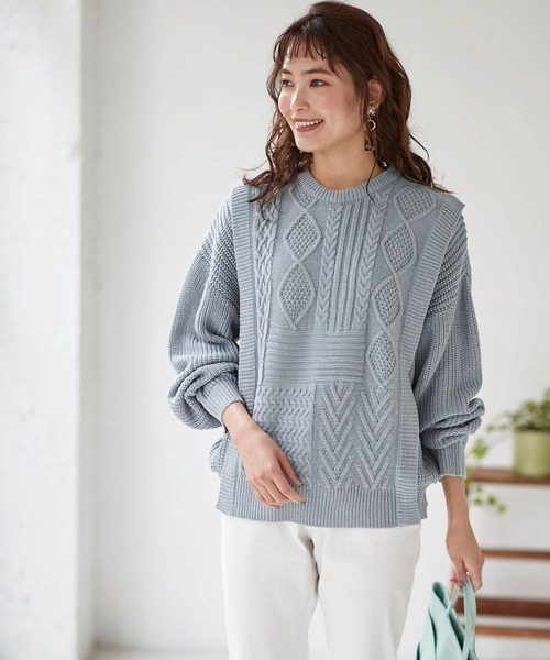 BELLUNA PLUS（ベルーナ）の「ケーブル柄クルーネックニットプルオーバー（ニット/セーター・レディース・ベージュ/ブルー・MEDIUM/LARGE）」の18枚目の写真