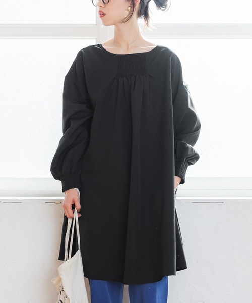 coca(coca)(コカ)の「ボートネックギャザーチュニック(チュニック・レディース・ブラック/キャメル・ONE SIZE)」の1枚目の写真