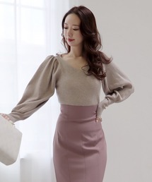 Vネックマトンスリーブニットトップス