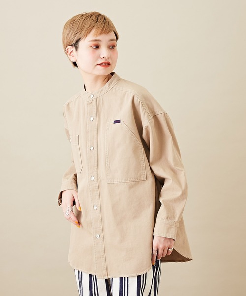 CUBE SUGAR（キューブシュガー）の「オックスビッグスタンドカラー長袖シャツジャケット（ノーカラージャケット・レディース・ベージュ/グリーン/オレンジ・M）」の2枚目の写真