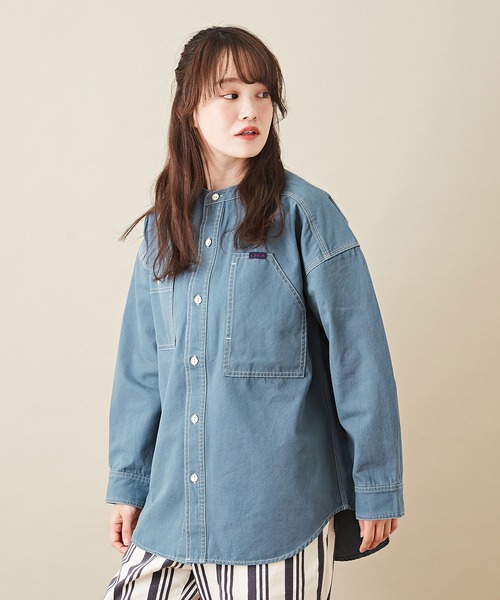 CUBE SUGAR（キューブシュガー）の「オックスビッグスタンドカラー長袖シャツジャケット（ノーカラージャケット・レディース・ベージュ/グリーン/オレンジ・M）」の3枚目の写真