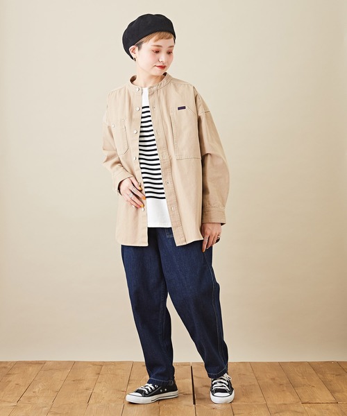 CUBE SUGAR（キューブシュガー）の「オックスビッグスタンドカラー長袖シャツジャケット（ノーカラージャケット・レディース・ベージュ/グリーン/オレンジ・M）」の5枚目の写真