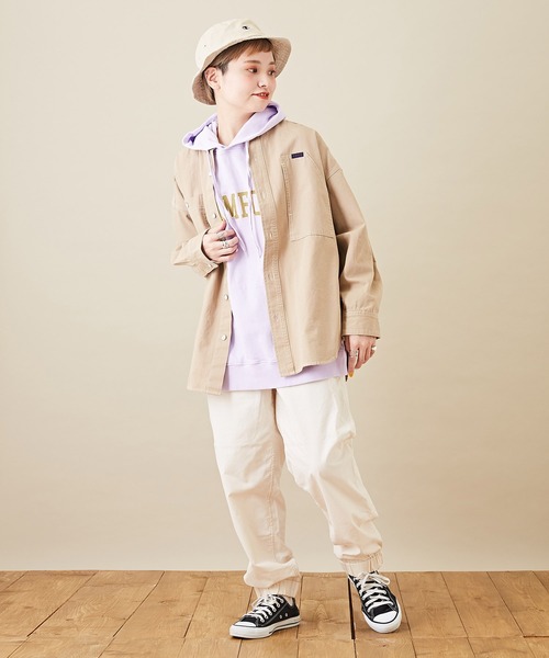 CUBE SUGAR（キューブシュガー）の「オックスビッグスタンドカラー長袖シャツジャケット（ノーカラージャケット・レディース・ベージュ/グリーン/オレンジ・M）」の6枚目の写真