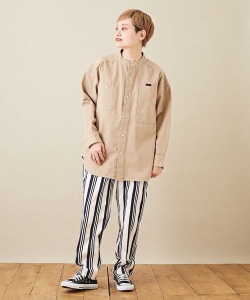 CUBE SUGAR（キューブシュガー）の「オックスビッグスタンドカラー長袖シャツジャケット（ノーカラージャケット・レディース・ベージュ/グリーン/オレンジ・M）」の8枚目の写真