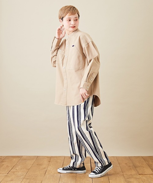 CUBE SUGAR（キューブシュガー）の「オックスビッグスタンドカラー長袖シャツジャケット（ノーカラージャケット・レディース・ベージュ/グリーン/オレンジ・M）」の9枚目の写真