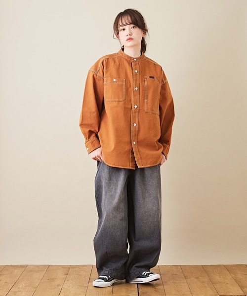 CUBE SUGAR（キューブシュガー）の「オックスビッグスタンドカラー長袖シャツジャケット（ノーカラージャケット・レディース・ベージュ/グリーン/オレンジ・M）」の11枚目の写真