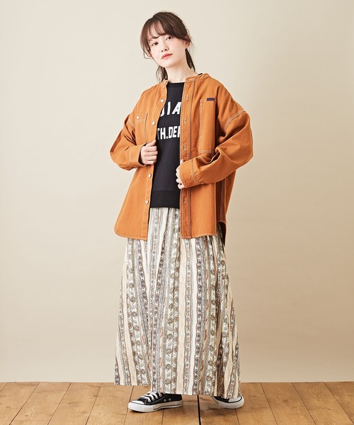 CUBE SUGAR（キューブシュガー）の「オックスビッグスタンドカラー長袖シャツジャケット（ノーカラージャケット・レディース・ベージュ/グリーン/オレンジ・M）」の12枚目の写真