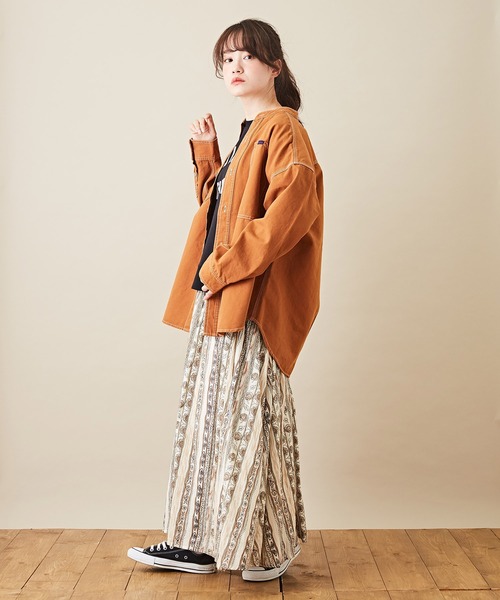 CUBE SUGAR（キューブシュガー）の「オックスビッグスタンドカラー長袖シャツジャケット（ノーカラージャケット・レディース・ベージュ/グリーン/オレンジ・M）」の13枚目の写真