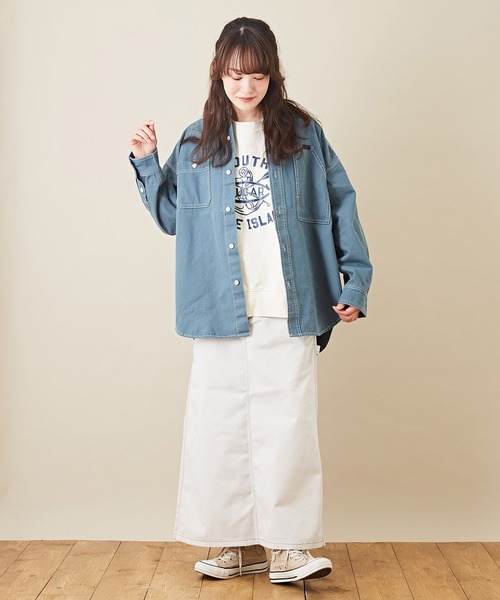 CUBE SUGAR（キューブシュガー）の「オックスビッグスタンドカラー長袖シャツジャケット（ノーカラージャケット・レディース・ベージュ/グリーン/オレンジ・M）」の15枚目の写真