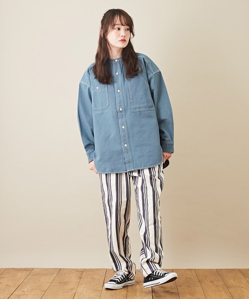 CUBE SUGAR（キューブシュガー）の「オックスビッグスタンドカラー長袖シャツジャケット（ノーカラージャケット・レディース・ベージュ/グリーン/オレンジ・M）」の16枚目の写真