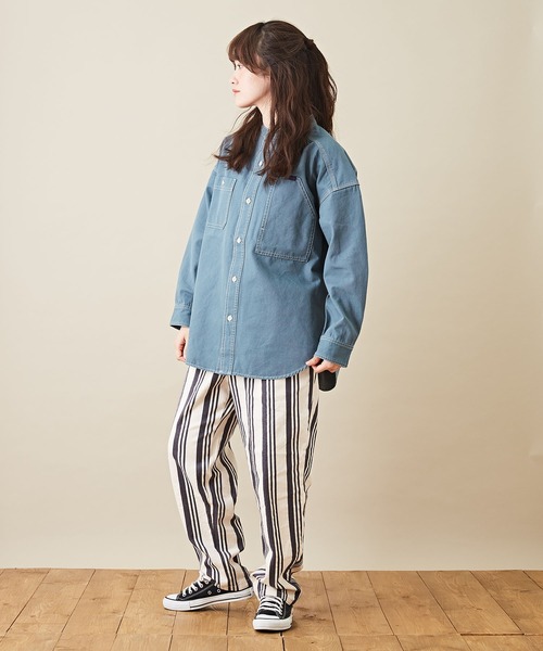 CUBE SUGAR（キューブシュガー）の「オックスビッグスタンドカラー長袖シャツジャケット（ノーカラージャケット・レディース・ベージュ/グリーン/オレンジ・M）」の17枚目の写真