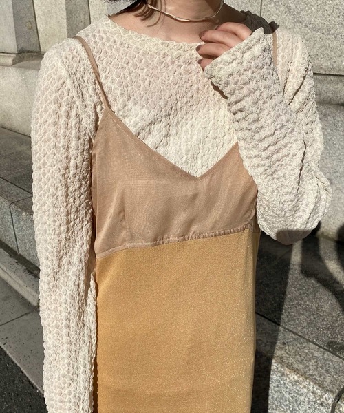 lawgy（ラウジー）の「sheer docking knit cami op（ワンピース・レディース・ブラウン/オフホワイト/イエロー系・FREE）」の17枚目の写真