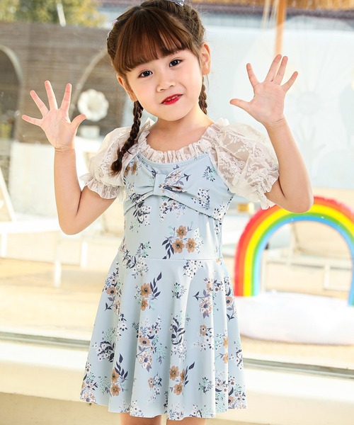 TeddyShop(テディショップ)の「キッズ水着 パフスリーブリボンワンピース風オールインワンスイムウェア(水着・キッズ・ブルー系その他/ブルー/ブラック/ライラック/オフホワイト・120cm/100cm/140cm/130cm/110cm)」の4枚目の写真