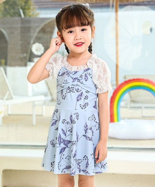TeddyShop(テディショップ)の「キッズ水着 パフスリーブリボンワンピース風オールインワンスイムウェア(水着・キッズ・ブルー系その他/ブルー/ブラック/ライラック/オフホワイト・120cm/100cm/140cm/130cm/110cm)」の3枚目の写真
